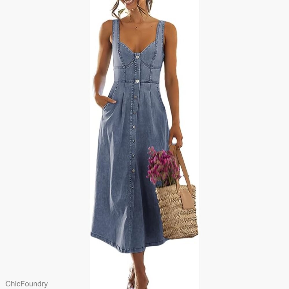 Stretchy Smocked Denim Midi Dress Sleeveless Babydoll Button Down